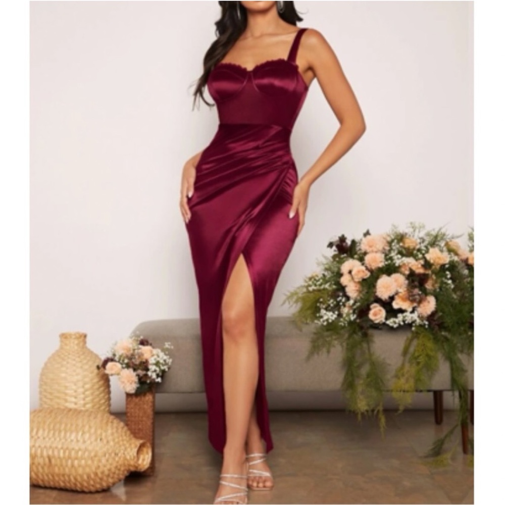 NWT Luxe Burgundy Red Wrap Bustier Ruched Slit Leg Long Formal Satin Dress L